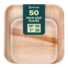 Load image into Gallery viewer, Palm Leaf Biodegradable Square Plates Combo – 50 pcs Set (25 each of 10&quot; &amp; 7&quot; Plates), Eco-Friendly, Compostable, Bamboo-Wood Style, Durable &amp; Restaurant-Grade Alternative to Paper Plates
