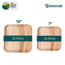 Load image into Gallery viewer, Palm Leaf Biodegradable Square Plates Combo – 50 pcs Set (25 each of 10&quot; &amp; 7&quot; Plates), Eco-Friendly, Compostable, Bamboo-Wood Style, Durable &amp; Restaurant-Grade Alternative to Paper Plates
