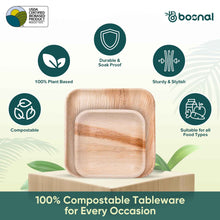 Load image into Gallery viewer, Palm Leaf Biodegradable Square Plates Combo – 50 pcs Set (25 each of 10&quot; &amp; 7&quot; Plates), Eco-Friendly, Compostable, Bamboo-Wood Style, Durable &amp; Restaurant-Grade Alternative to Paper Plates

